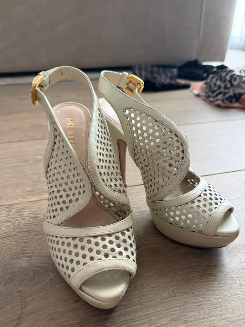 Prada Cream Laser-Cut Peep-Toe Slingback Heels